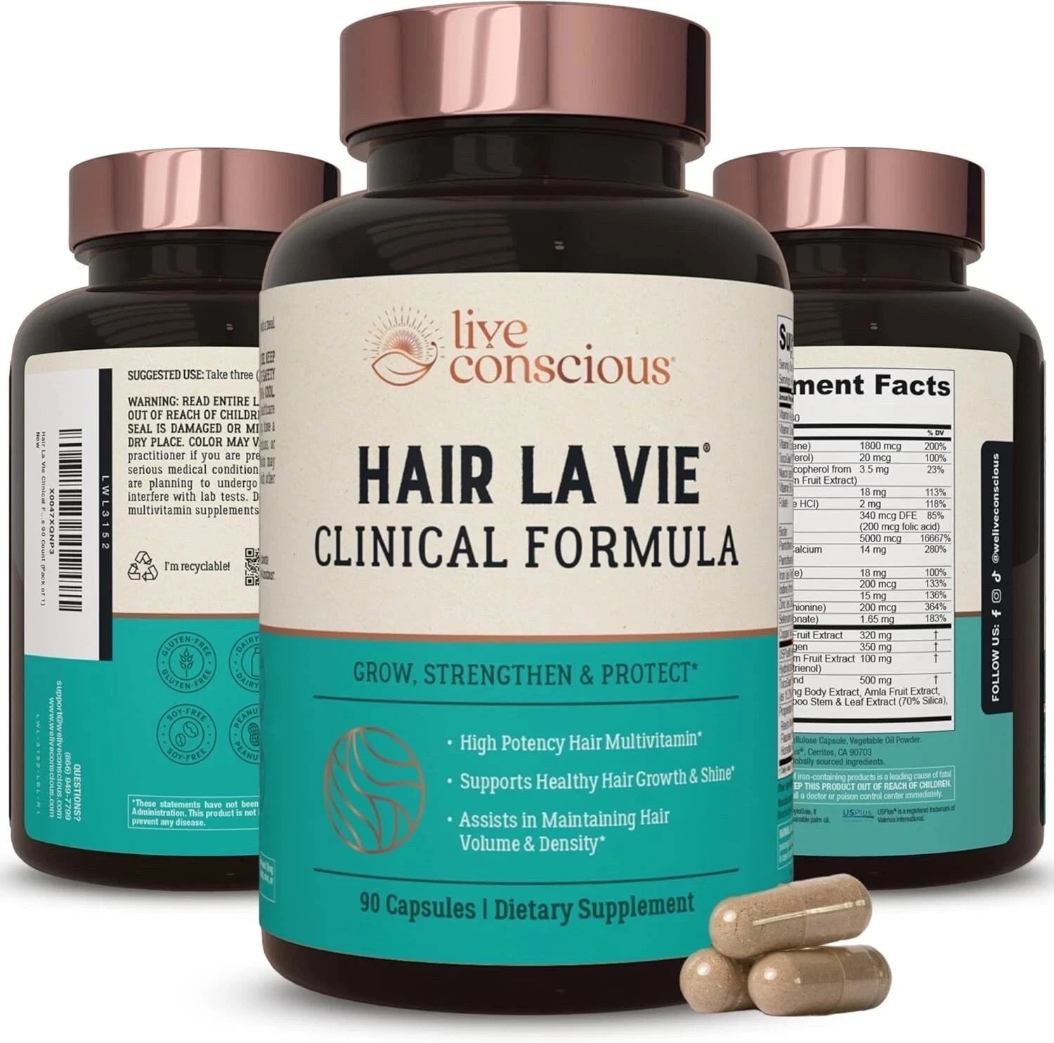 Hair La Vie Live Conscious Clinical Formula Hair Growth Supplement – 90 Capsules, Promotes Stronger, Thicker Hair, Healthy Scalp, Pack of 1